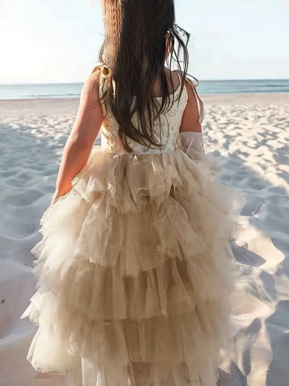 Girls Layered Tulle Party Dress in Champagne